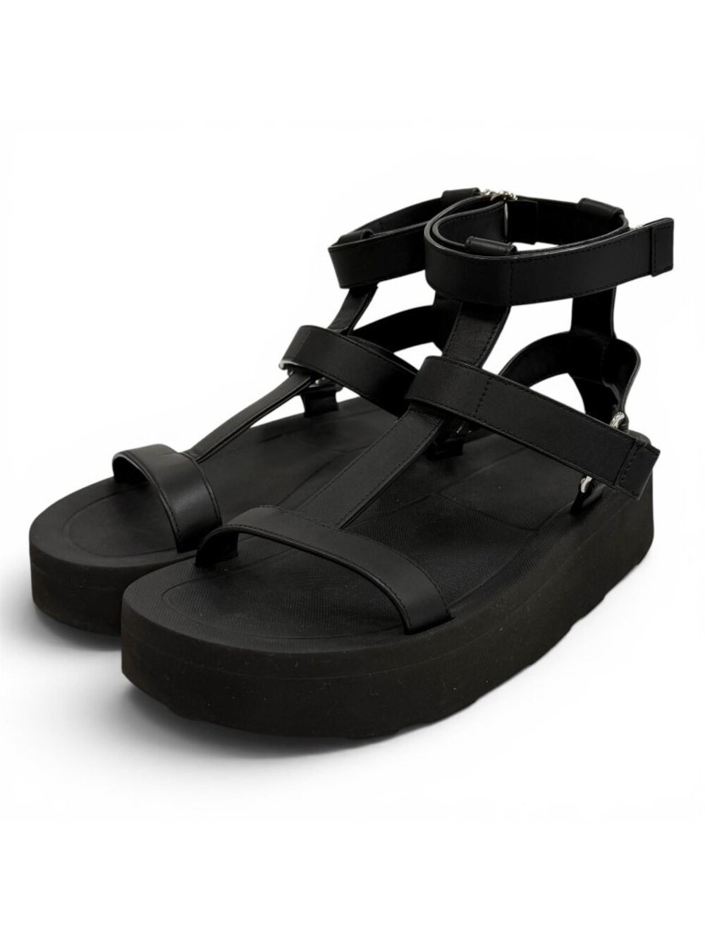 Hermes Enid Silver Velcro Leather Sandals Platform Black